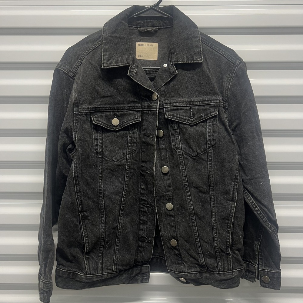 ASOS Womens Denim Jacket‎ Size 4 100% Cotton Washed Black Trucker Vintage Style